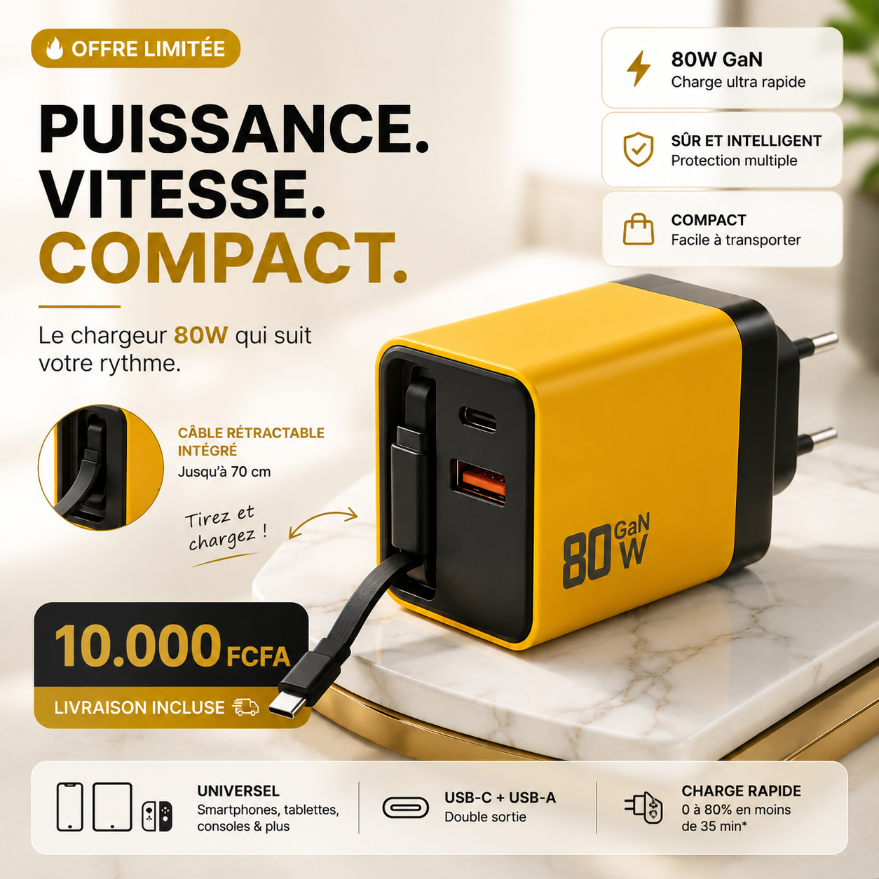 CHARGEUR RAPIDE 80 WATTS DE PUISSANCE