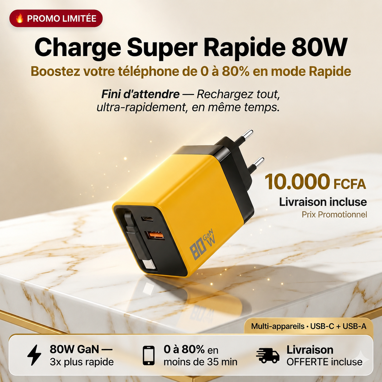 CHARGEUR RAPIDE 80 WATTS DE PUISSANCE