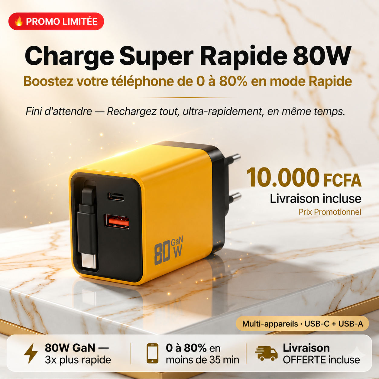 CHARGEUR RAPIDE 80 WATTS DE PUISSANCE
