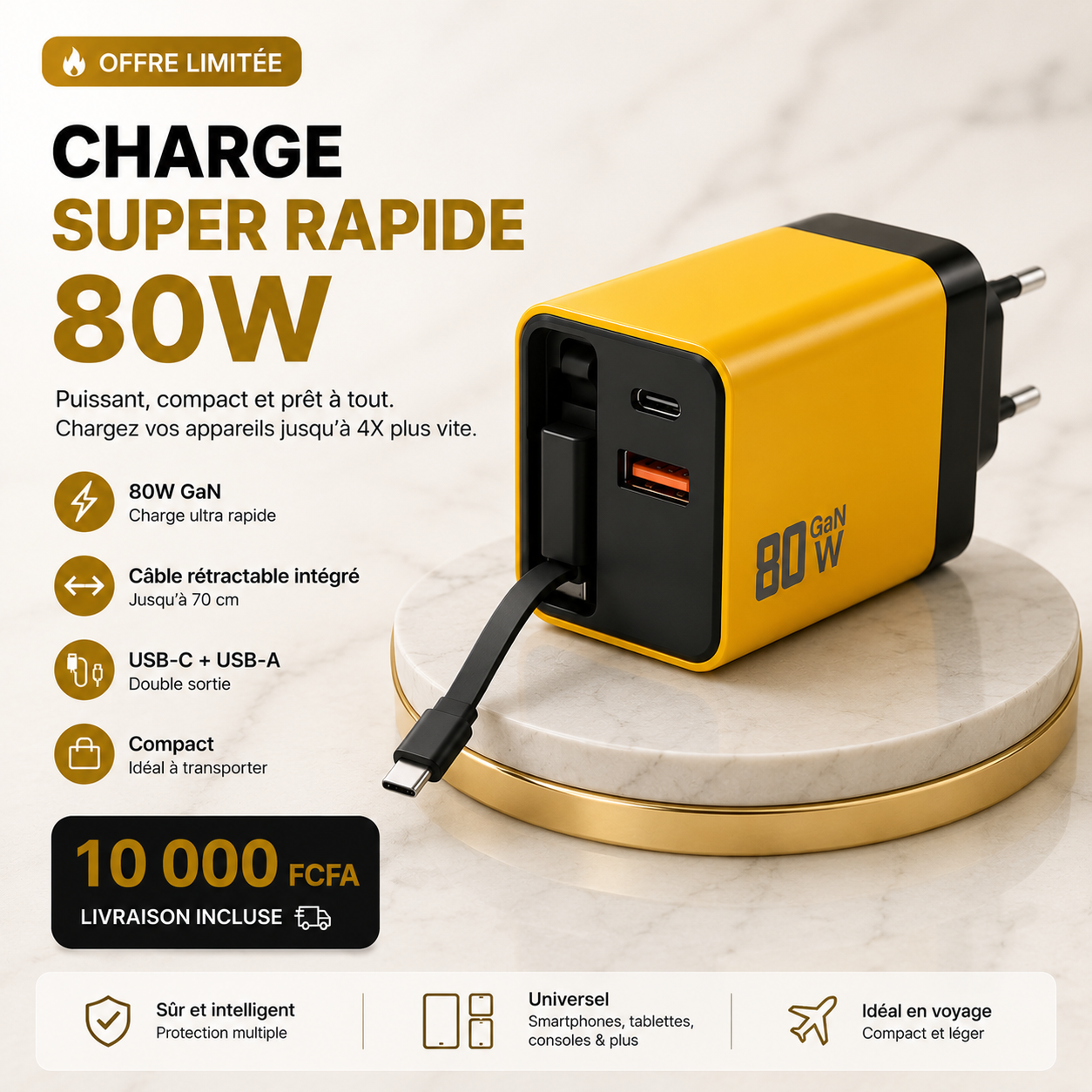 CHARGEUR RAPIDE 80 WATTS DE PUISSANCE